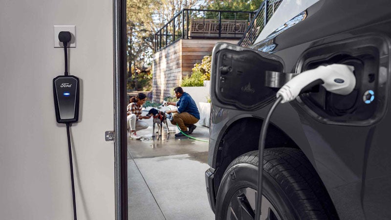 A couple is seen bathing their dog as an F-150 Lightning charges in their garage